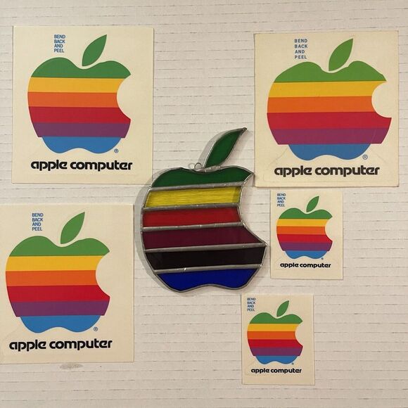 Rare Vintage Apple Macintosh‎ Computer Rainbow Logo Stained Glass & Stickers